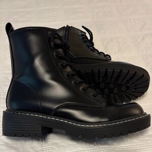 Classic Black Faux Leather Combat Boots